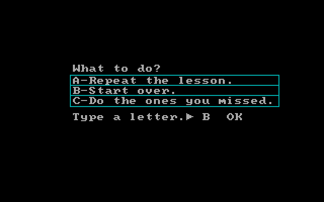 Fact Track IBM PC/Compatibles Screenshot: Repeat the lesson, or start over?