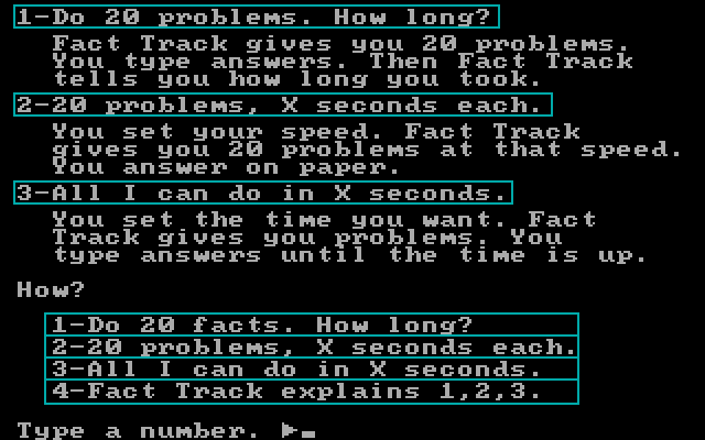 Fact Track IBM PC/Compatibles Screenshot: An explanation of how each lesson option works.