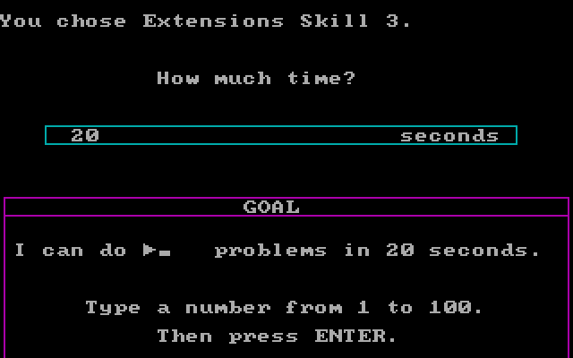 Fact Track IBM PC/Compatibles Screenshot: Setting a goal for problems solved in 20 seconds...