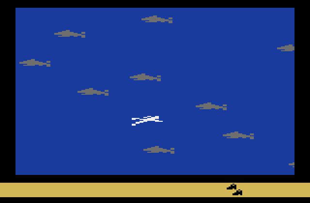 Swordquest: WaterWorld Atari 2600 Screenshot: Swimming with sharks.