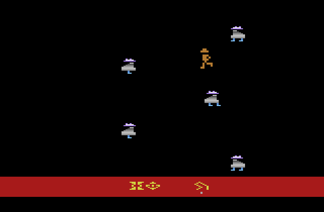 Raiders of the Lost Ark Atari 2600 Screenshot: Time to escape...a bunch of thieves are chasing me!