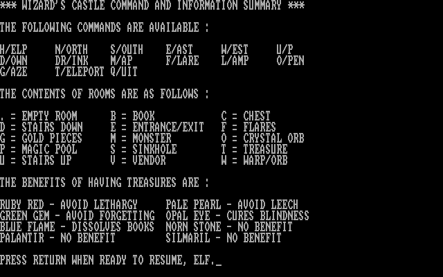 Wizard's Castle, The IBM PC/Compatibles Screenshot: Summary of commands.