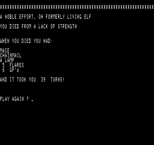 Wizard's Castle, The Exidy Sorcerer Screenshot: Game over.