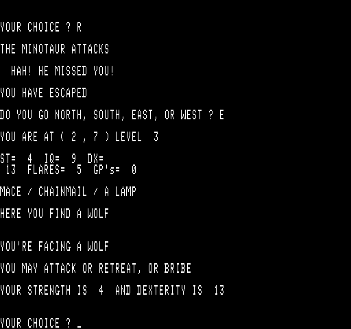 Wizard's Castle, The Exidy Sorcerer Screenshot: Now a wolf attacks...