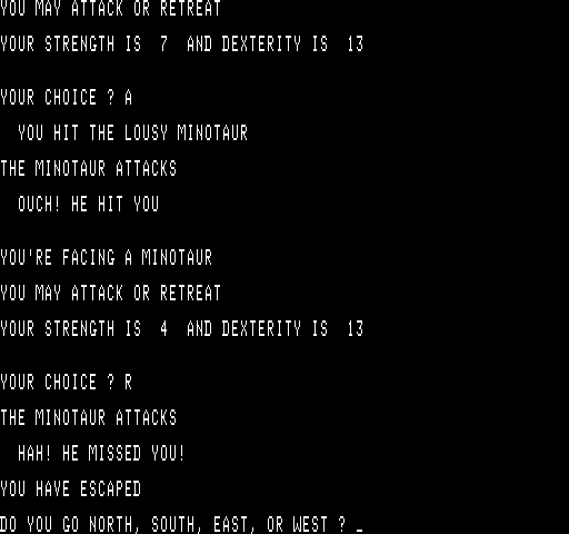 Wizard's Castle, The Exidy Sorcerer Screenshot: I'm not winning the battle...time to escape!