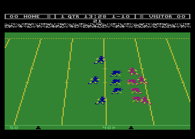 Touchdown Football Atari 8-bit Screenshot: Ready for the next play...