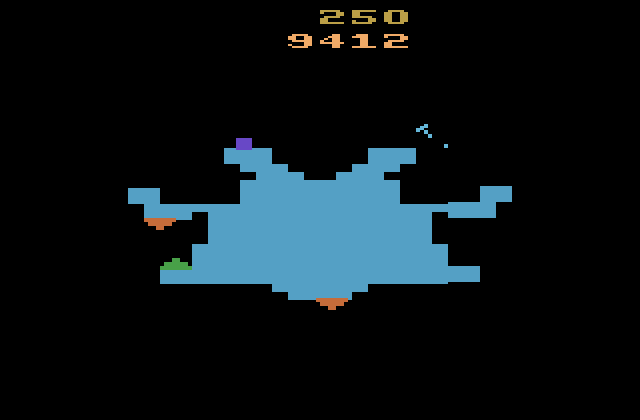 Gravitar Atari 2600 Screenshot: Shoot all of the enemy bunkers on the planet surface!