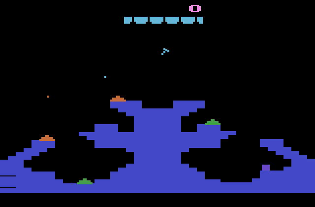 Gravitar Atari 2600 Screenshot: Each planet has a different surface layout.