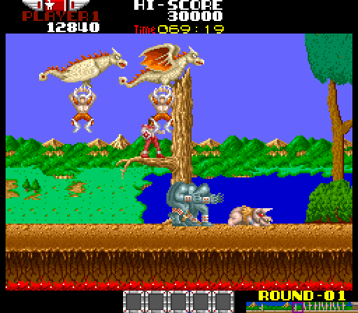 Rygar Arcade Screenshot: Watch out for attacks from above!