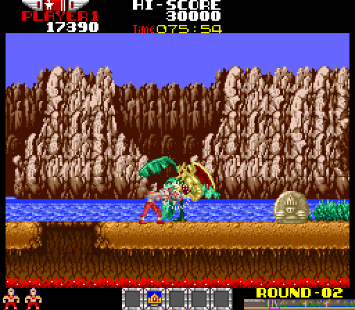 Rygar Arcade Screenshot: Attacking an opponent...