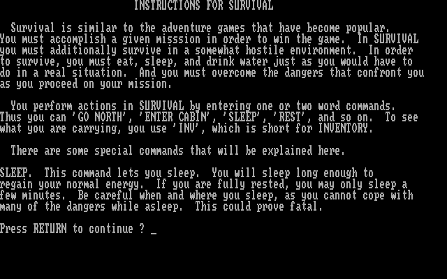 Survival Adventure IBM PC/Compatibles Screenshot: Start of the game instructions.