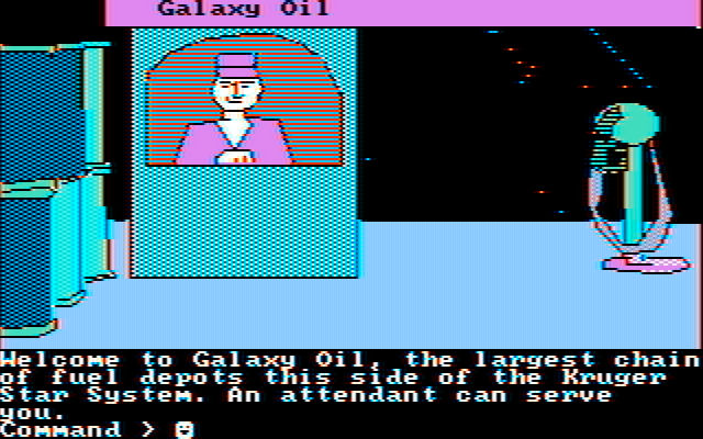 Tracer Sanction, The IBM PC/Compatibles Screenshot: Welcome to Galaxy Oil! Need any fuel for your ship?