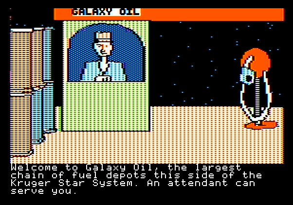Tracer Sanction, The Apple II Screenshot: Welcome to Galaxy Oil, where you can replenish your ships fuel.