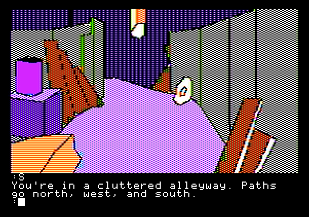 Tracer Sanction, The Apple II Screenshot: A cluttered alleyway.
