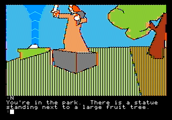 Tracer Sanction, The Apple II Screenshot: A statue by a fruit tree...anything I need here? Better investigate!