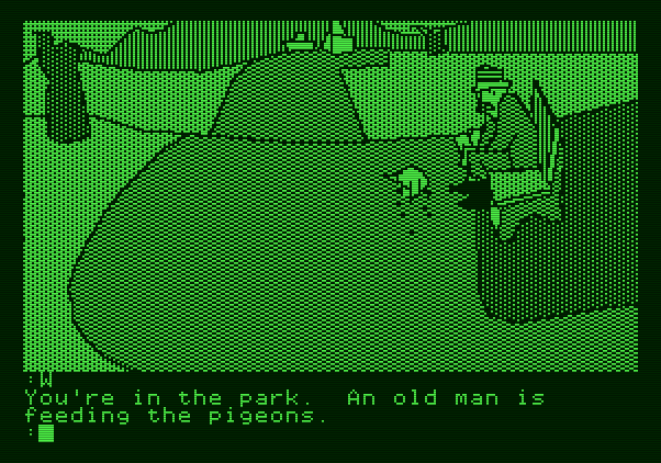 The Tracer Sanction Apple II Screenshot: An old man in a park...