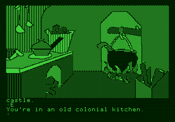 The Tracer Sanction Apple II Screenshot: An old, colonial kitchen...anything here? Looks like a dead end...