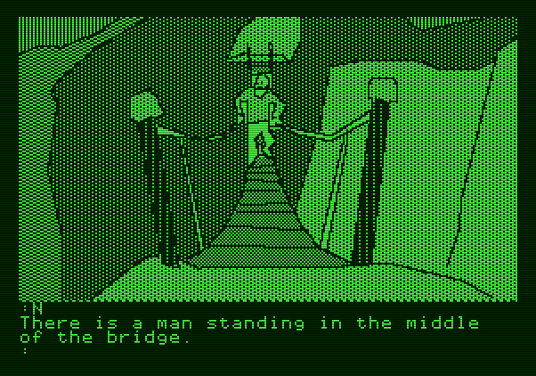 The Tracer Sanction Apple II Screenshot: Who's this man blocking the path?
