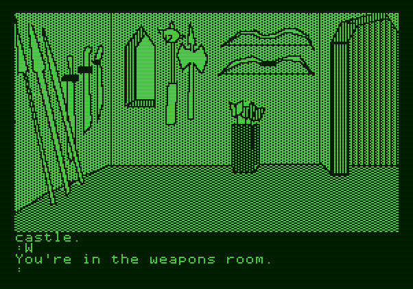 The Tracer Sanction Apple II Screenshot: The castle weapons room...