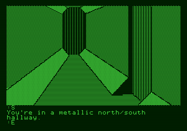 The Tracer Sanction Apple II Screenshot: A long, north/south hallway...