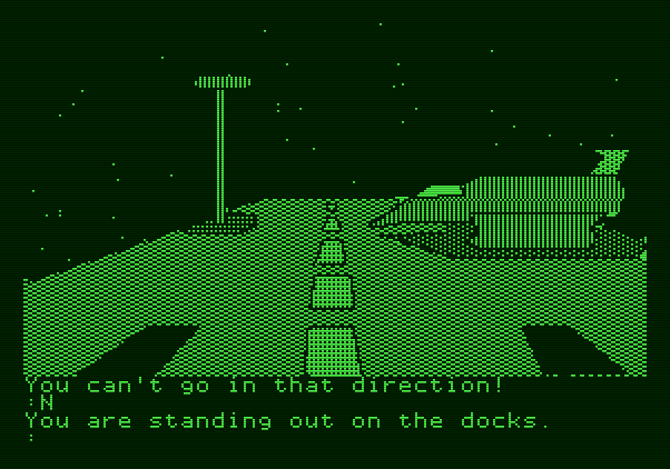 The Tracer Sanction Apple II Screenshot: Your ship, parked on the docks...