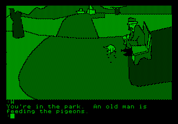 Tracer Sanction, The Apple II Screenshot: An old man in a park...