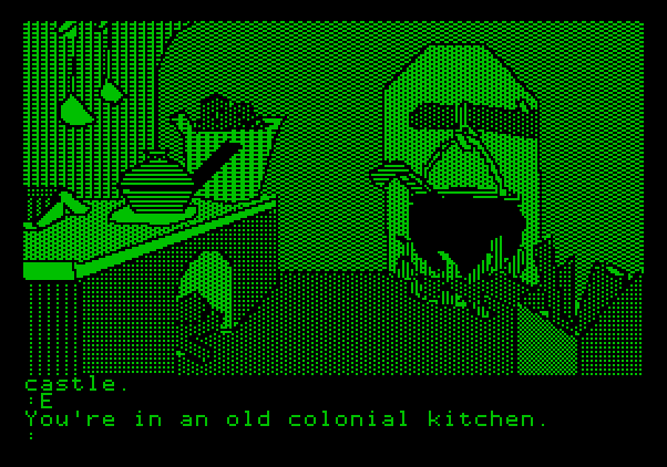 Tracer Sanction, The Apple II Screenshot: An old, colonial kitchen...anything here? Looks like a dead end...