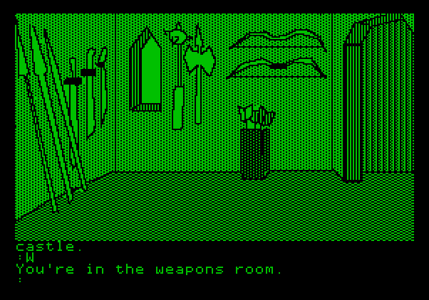 Tracer Sanction, The Apple II Screenshot: The castle weapons room...