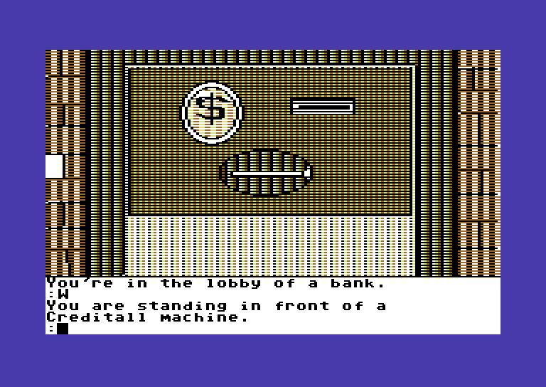 Tracer Sanction, The Commodore 64 Screenshot: Deposit or withdraw cash at this creditall machine.