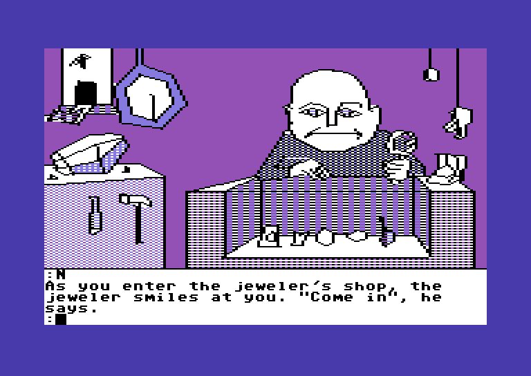 Tracer Sanction, The Commodore 64 Screenshot: Talking to the jeweler.