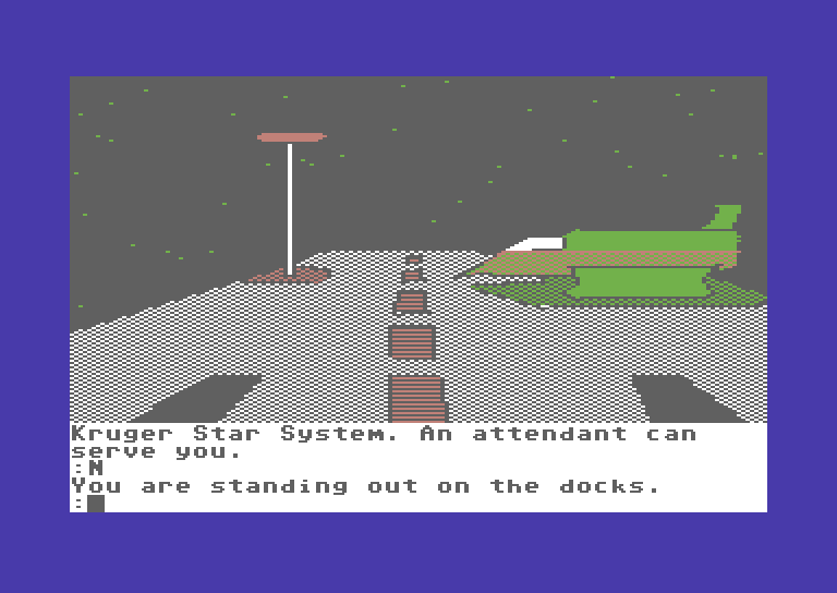 Tracer Sanction, The Commodore 64 Screenshot: Your ship, parked on a dock.