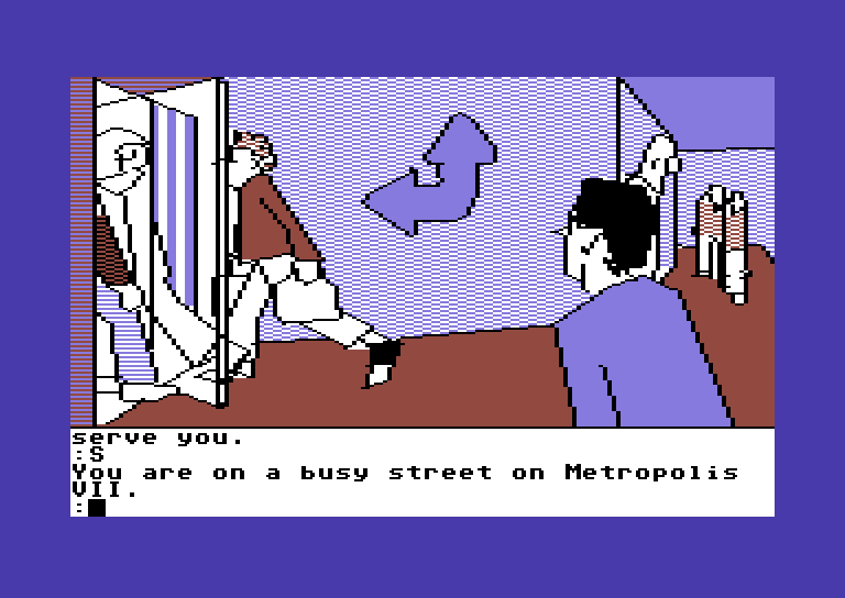 Tracer Sanction, The Commodore 64 Screenshot: Welcome to Metropolis!