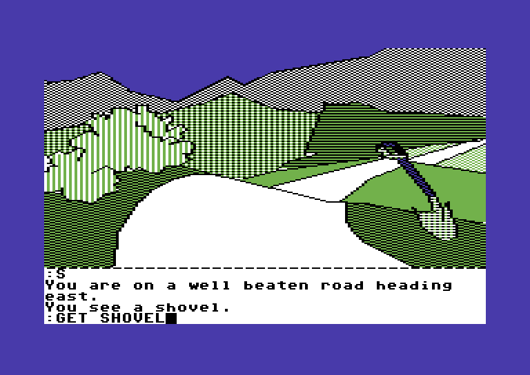 Tracer Sanction, The Commodore 64 Screenshot: A shovel happens to be on the ground, better take it just in case...