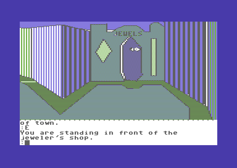 Tracer Sanction, The Commodore 64 Screenshot: You'll need to visit the jewel shop a few times to sell stuff.