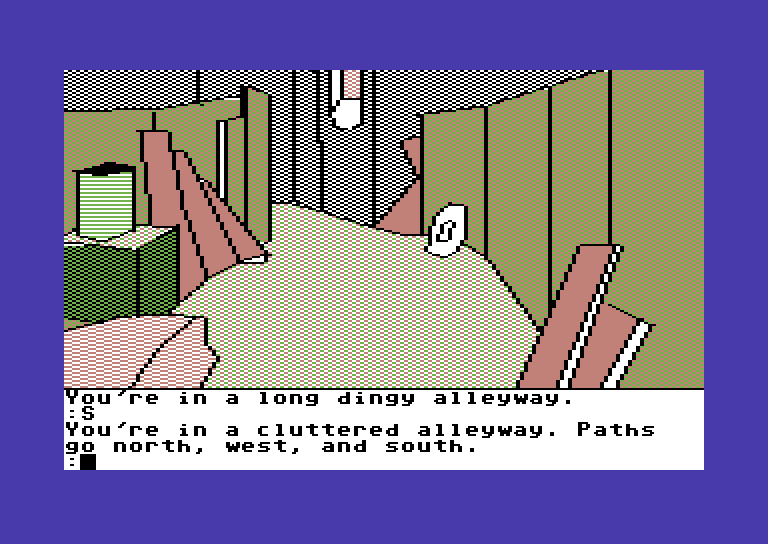 Tracer Sanction, The Commodore 64 Screenshot: In a long, dingy alleyway.