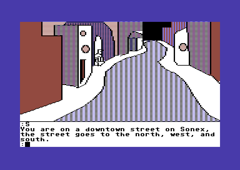 Tracer Sanction, The Commodore 64 Screenshot: Exploring the streets of Sonex.