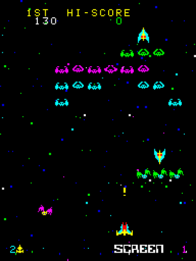 Cosmic Alien Arcade Screenshot: Some aliens attack in groups.