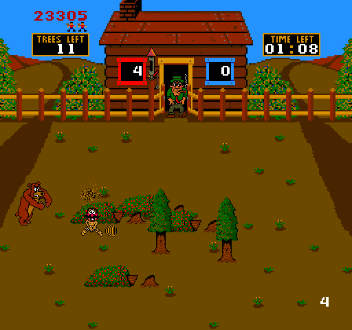 Timber Arcade Screenshot: Getting hit by the bee hive will cost you some time, and your clothes!
