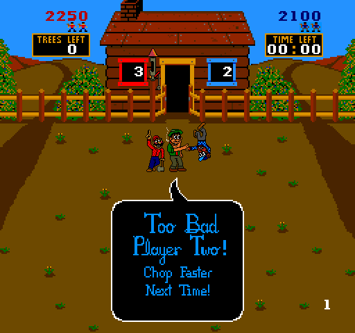 Timber Arcade Screenshot: In two player games the loser gets knocked upside down by the boss!