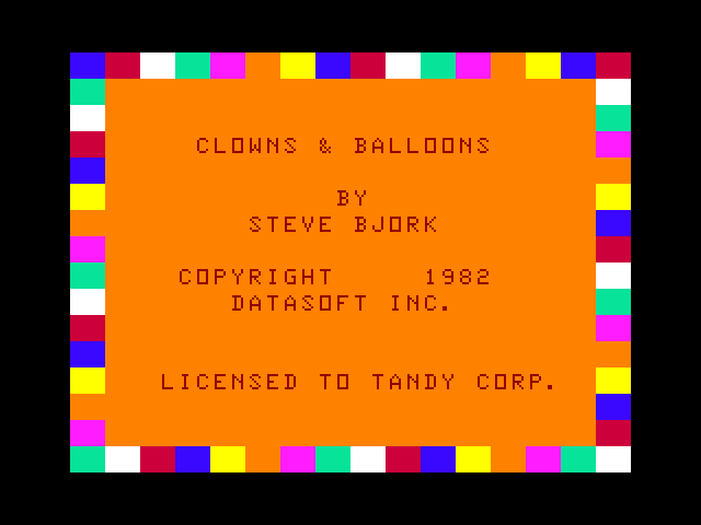 Clowns and Balloons TRS-80 Color Computer Screenshot: Title screen.
