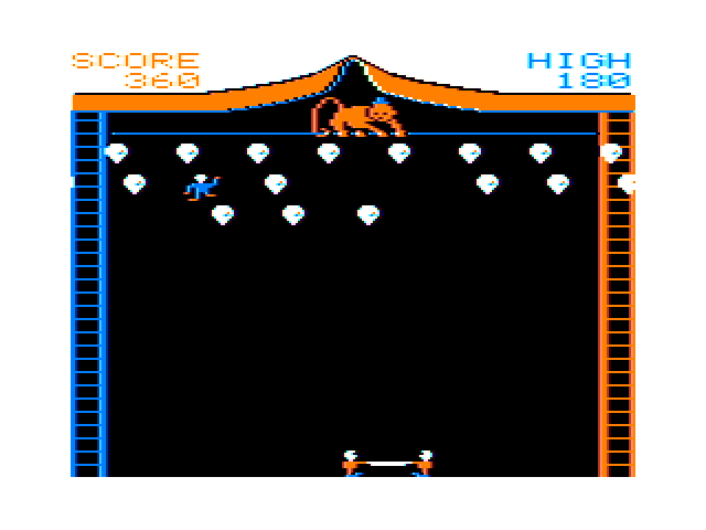 Clowns and Balloons TRS-80 Color Computer Screenshot: The clown is in the air collecting balloons...