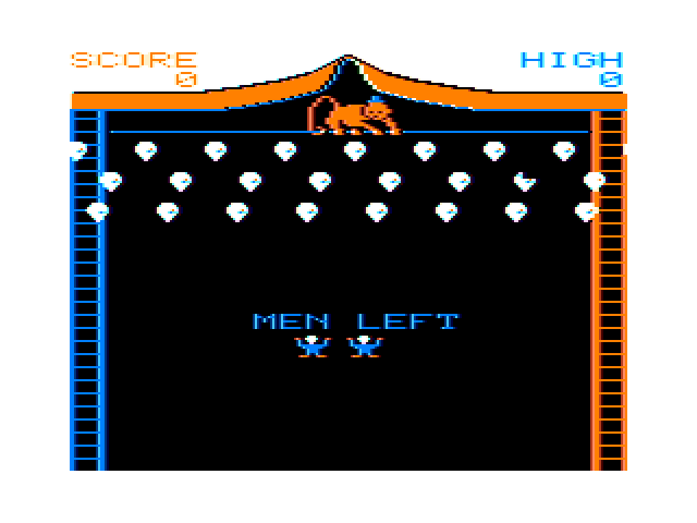 Clowns and Balloons TRS-80 Color Computer Screenshot: Two men left, ready to start...