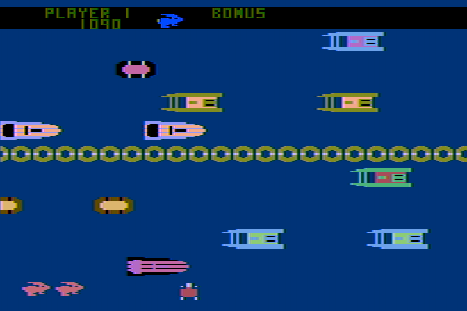 Pacific Coast Highway Atari 8-bit Screenshot: The second screen; I need to cross the river...