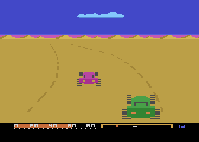 Baja Buggies Atari 8-bit Screenshot: Sharp turn...!