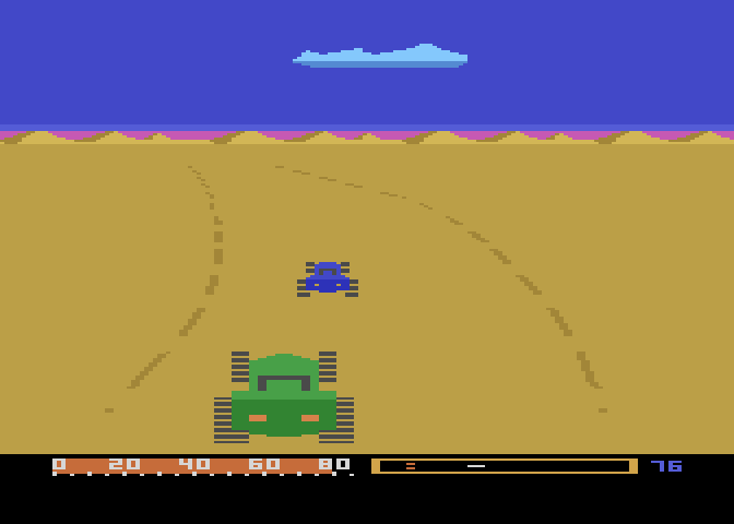 Baja Buggies Atari 8-bit Screenshot: Don't crash into this blue car!
