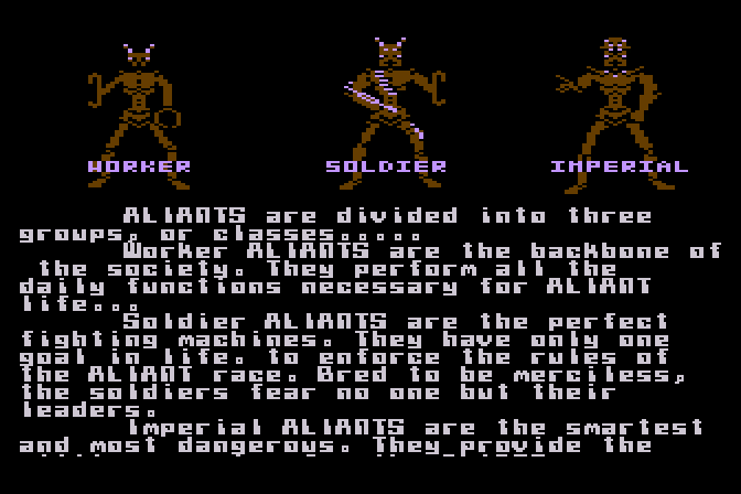Aliants: The Desperate Battle For Earth! Atari 8-bit Screenshot: About the Aliants...