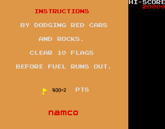 Rally-X Arcade Screenshot: Game instructions.
