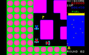 Rally-X for Sharp X1 - On later levels multiple cars chase you at once.