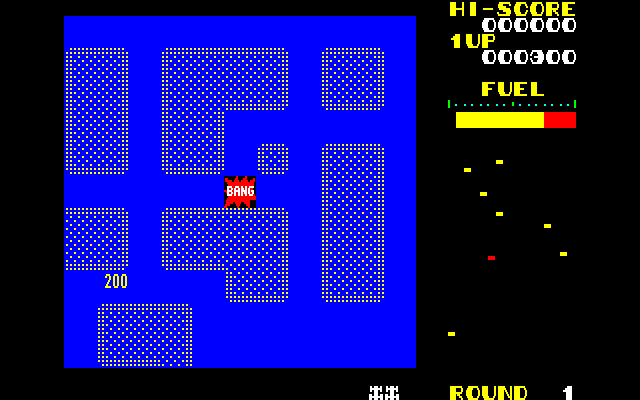 Rally-X Fujitsu FM-7 Screenshot: Bang! I crashed into another car!