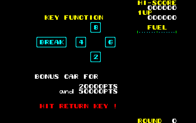 Rally-X Fujitsu FM-7 Screenshot: Game controls.